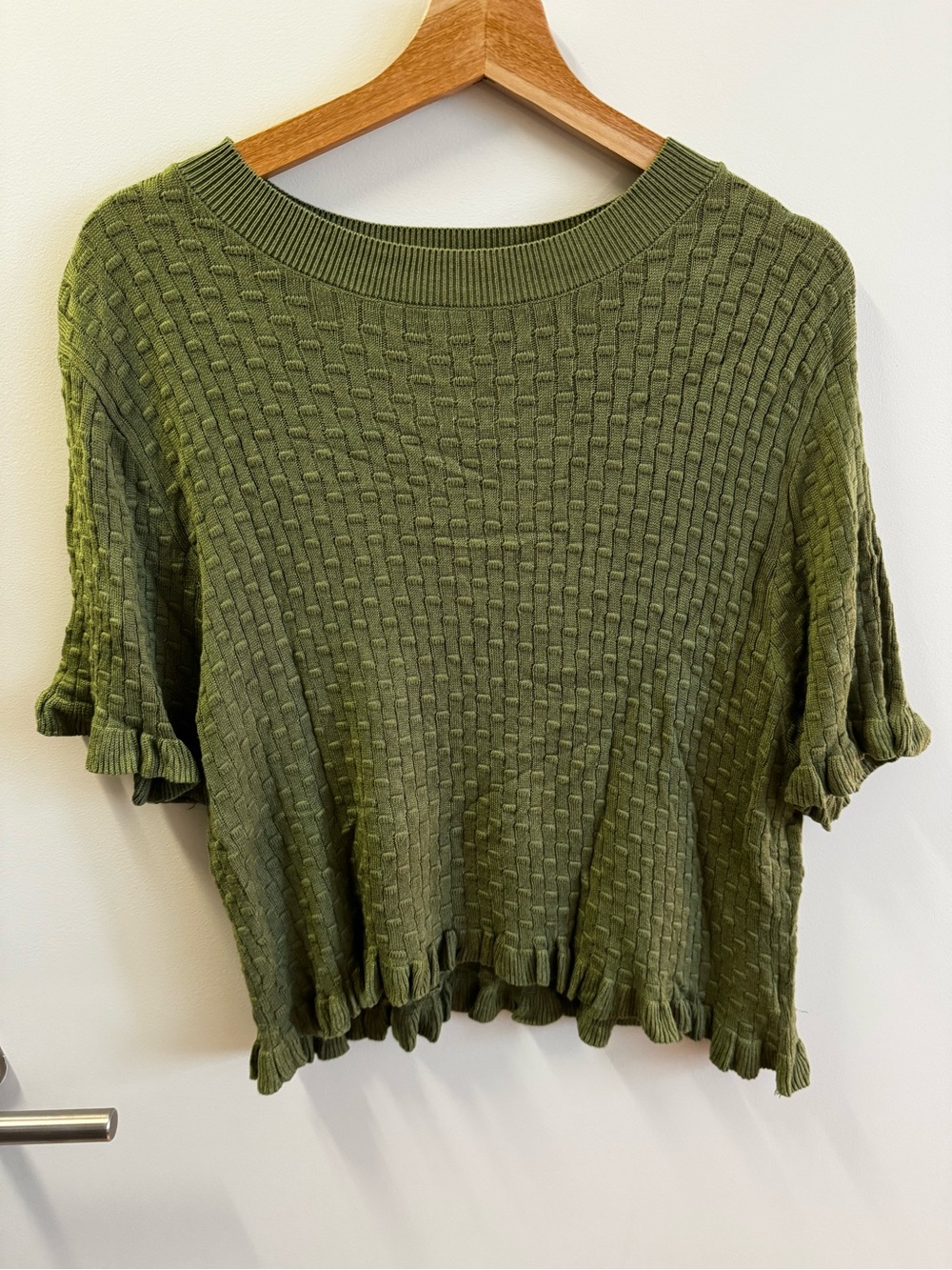 Max Studio Olive Green Ruffled Hem Knit Crop Top